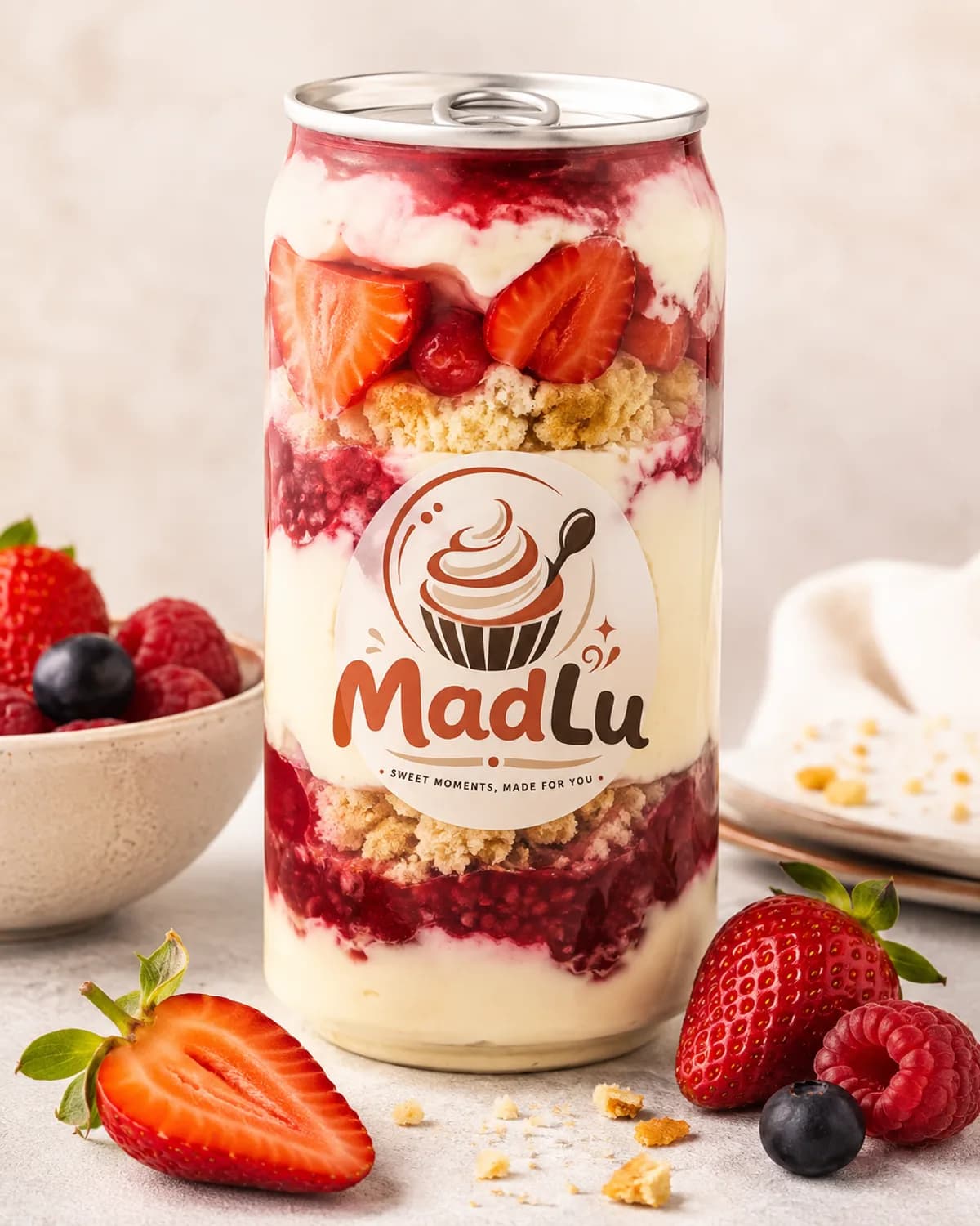 Detalle de las capas de una lata MadLu de Frutos Rojos: crema, compota y bizcocho