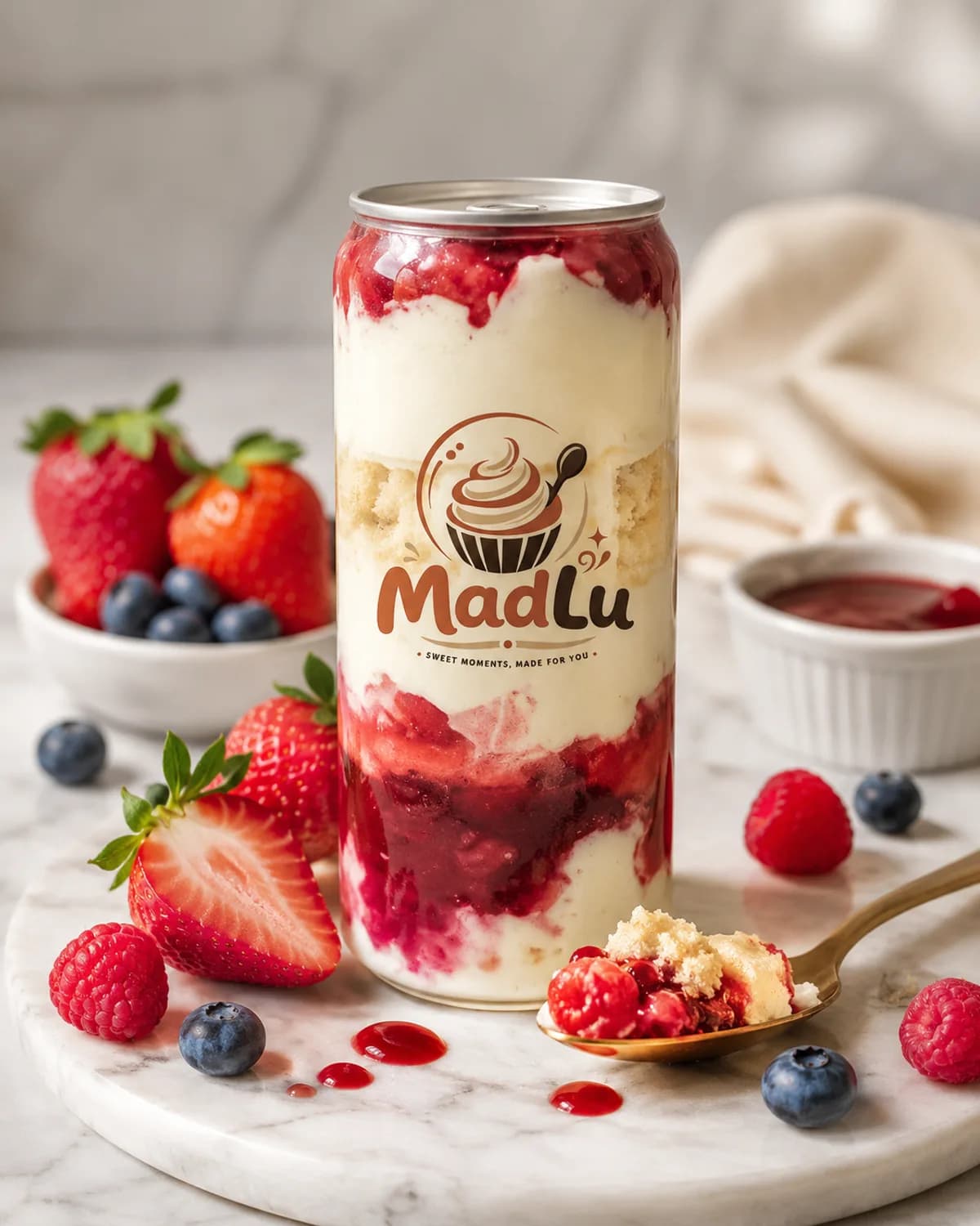 Lata MadLu de Frutos Rojos sobre mármol, rodeada de fresas, frambuesas y arándanos