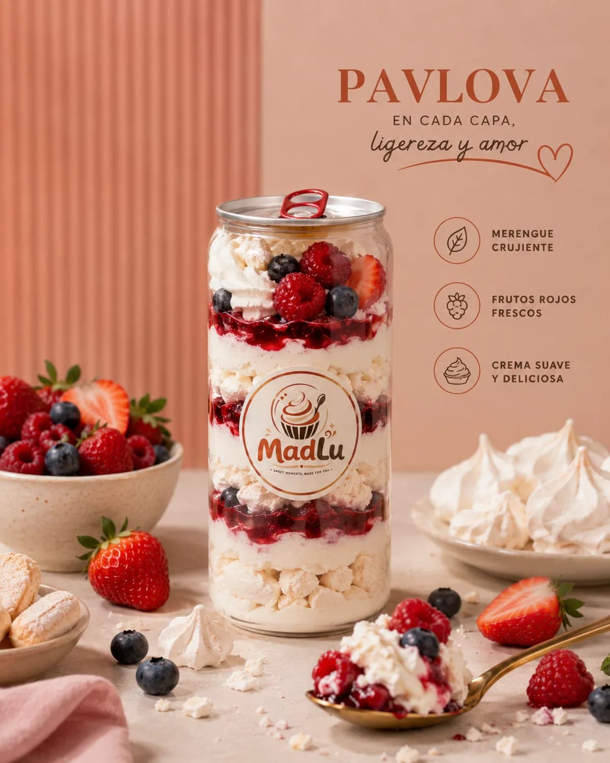 Lata MadLu de Pavlova con merengue crujiente, crema y frutos rojos frescos