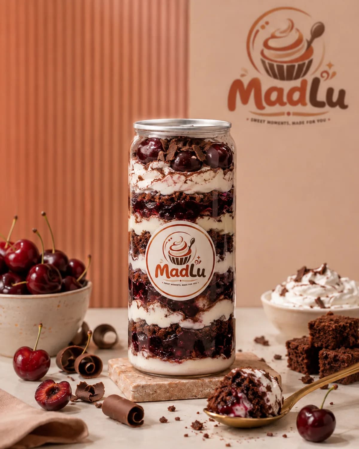 Lata MadLu de Selva Negra con cerezas, virutas de chocolate y bizcocho de cacao