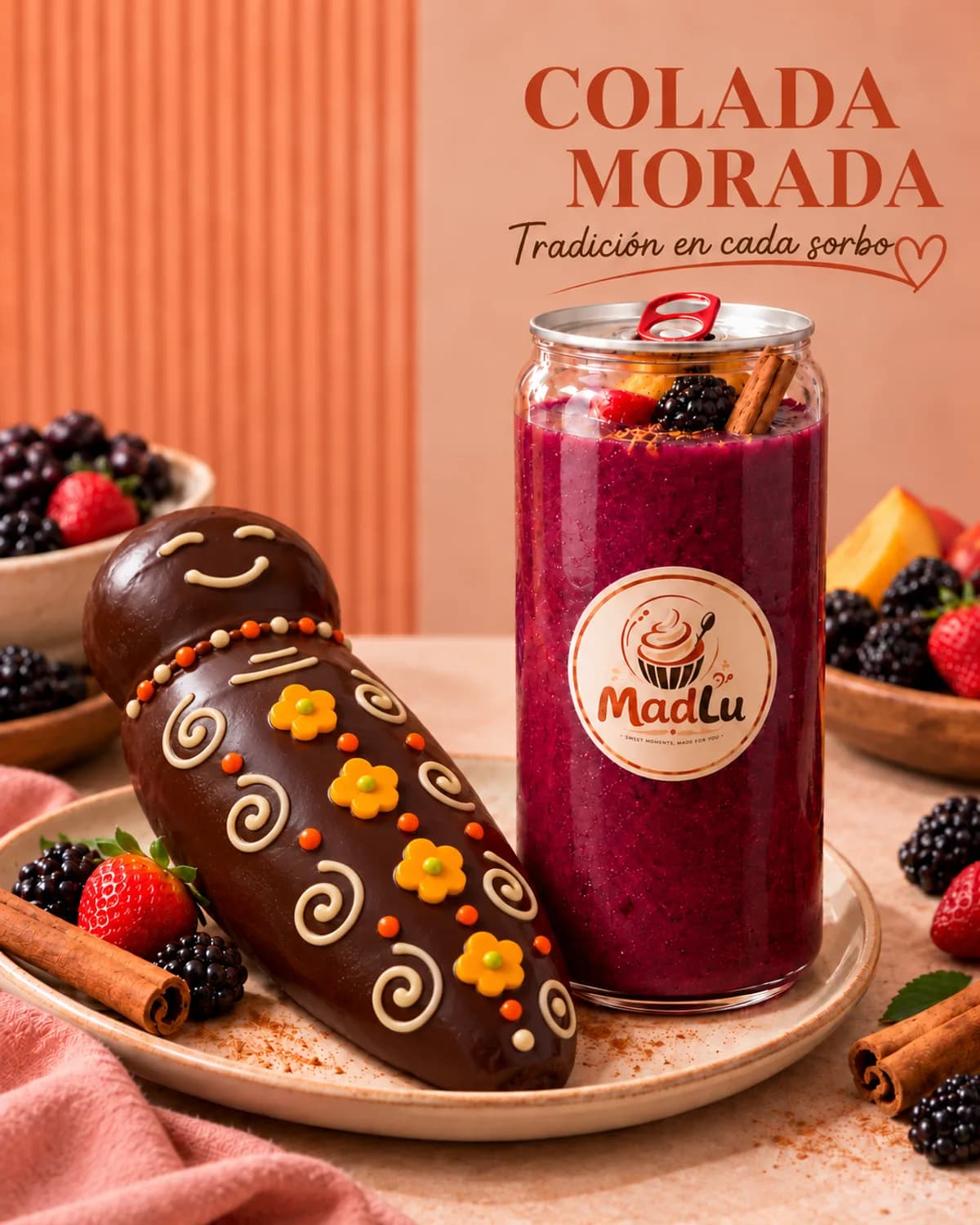 Colada morada en lata junto a una guagua cubierta de chocolate con flores de glasa