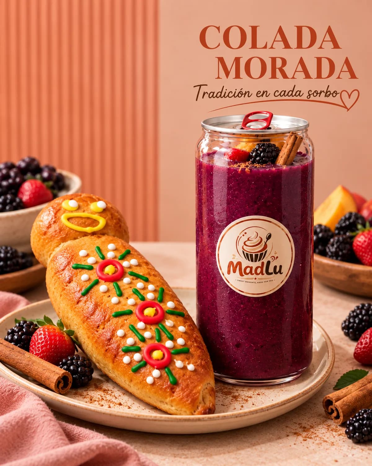 Colada morada en lata junto a una guagua de pan decorada con glasa de colores